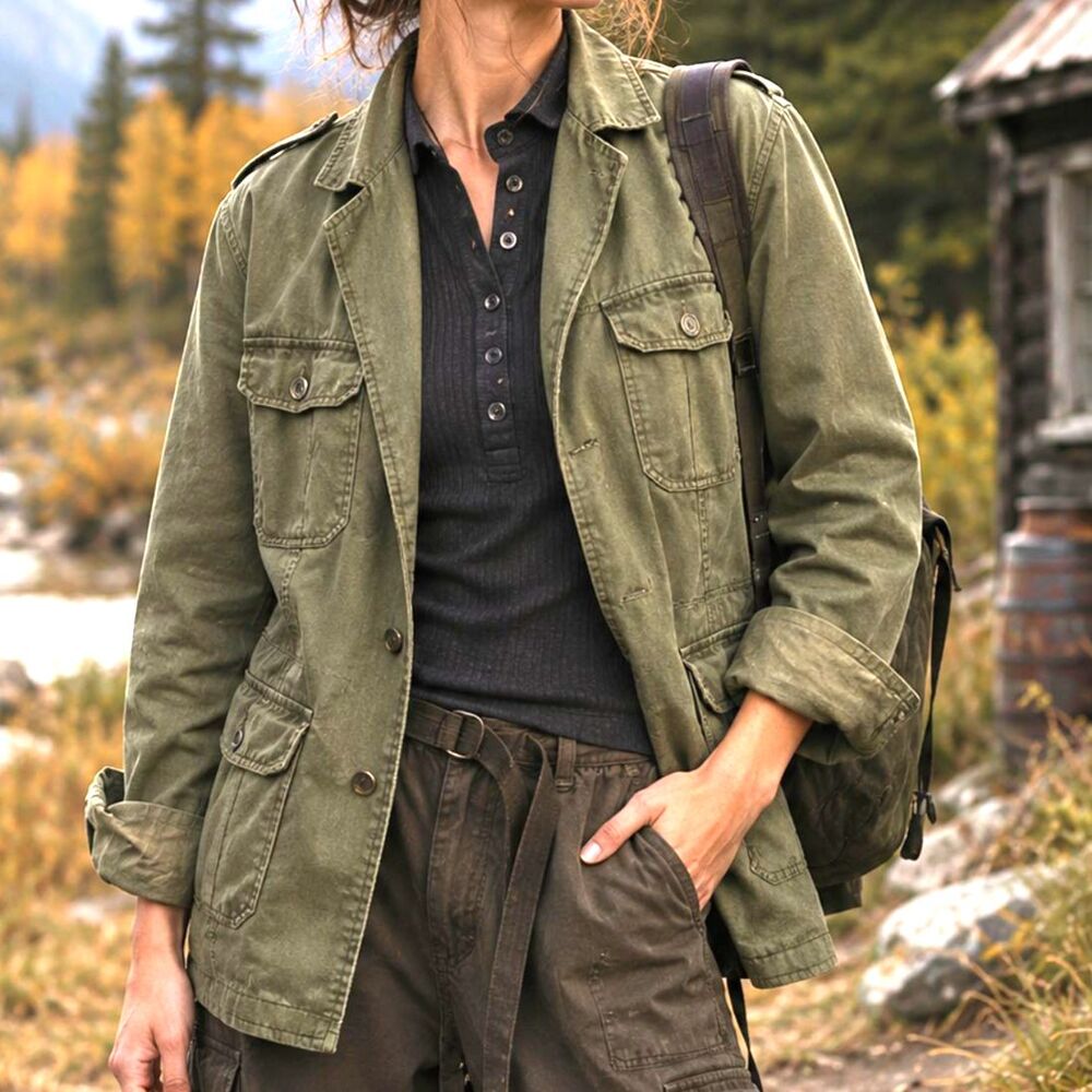 Vintage Olive Green Utility Military Jacket Cargo Gorpcore Chore Fall Layer L